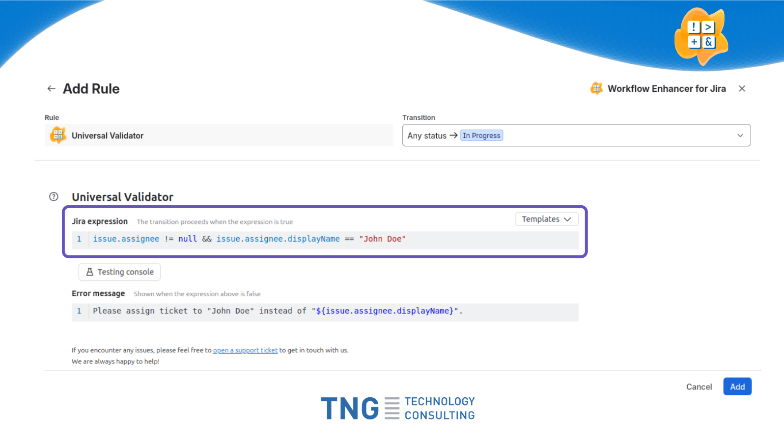By using the powerful Jira expression language for conditions and validators, you can evaluate almost any expression for your transitions.