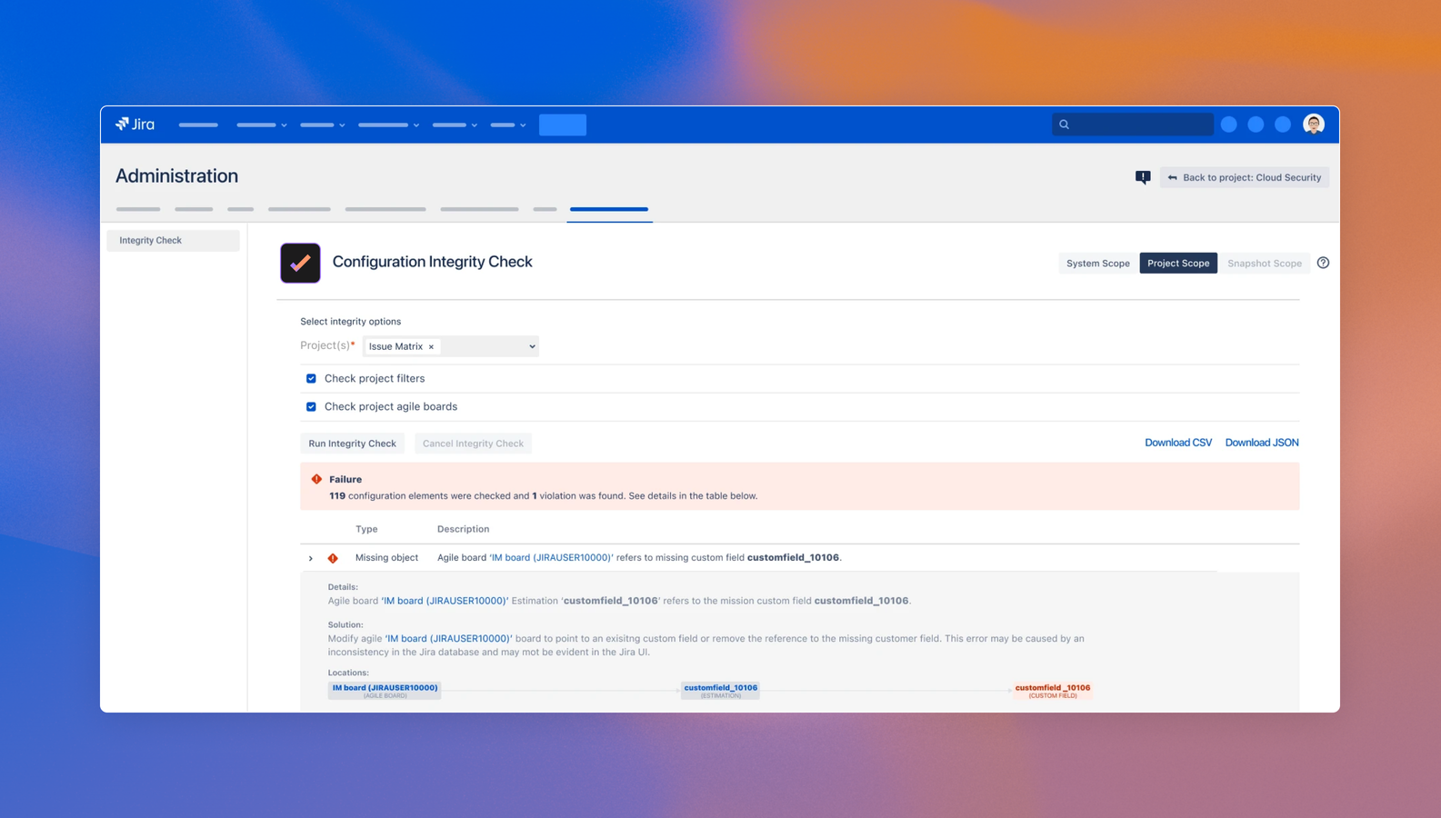 Save time and be more efficient by choosing how to run an integrity check - for the whole system, for selected projects, or just for the last failed snapshot, if you use it as part of Configuration Manager for Jira.