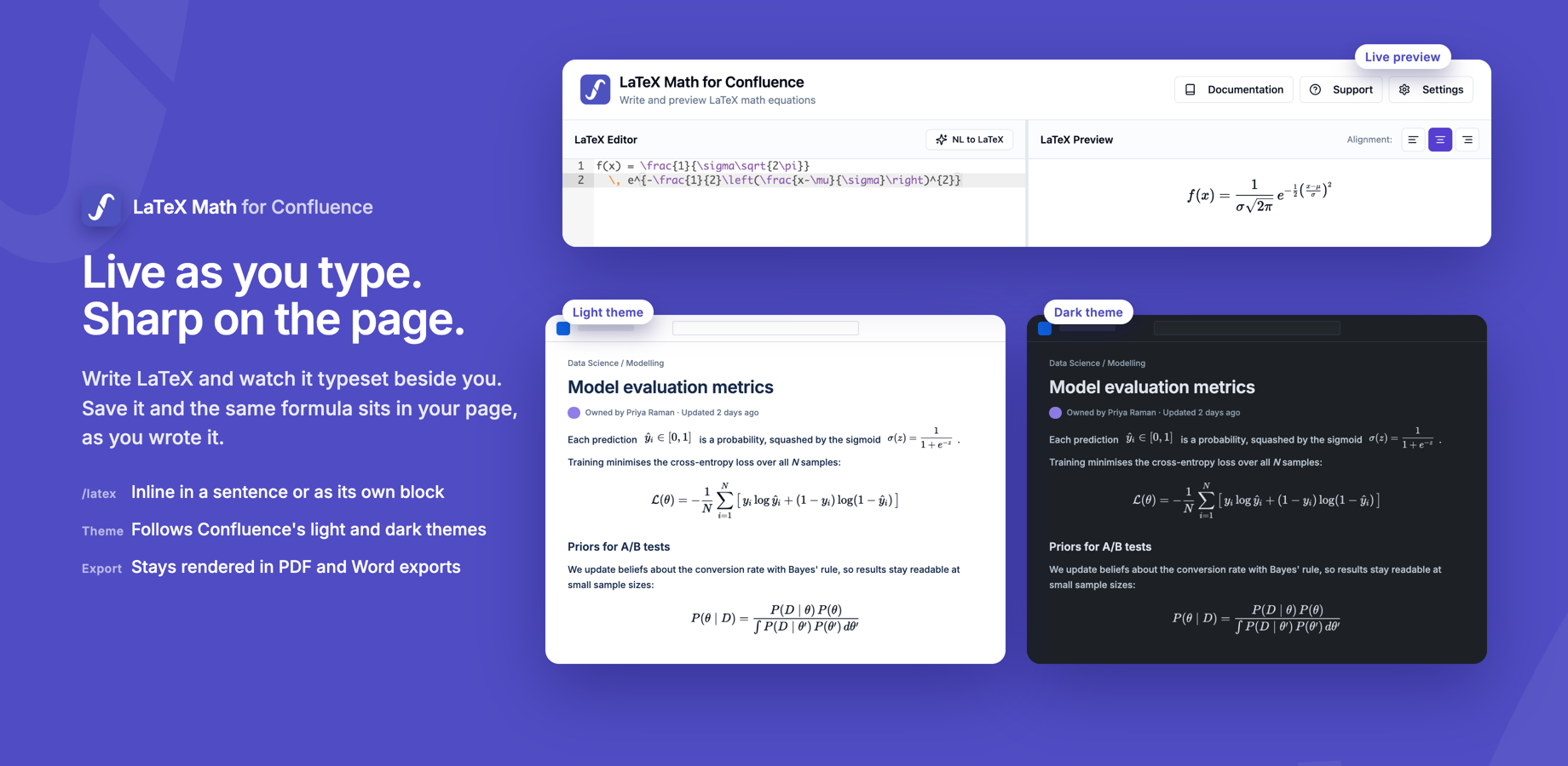 The block macro editor with live preview, and the saved page in light and dark themes