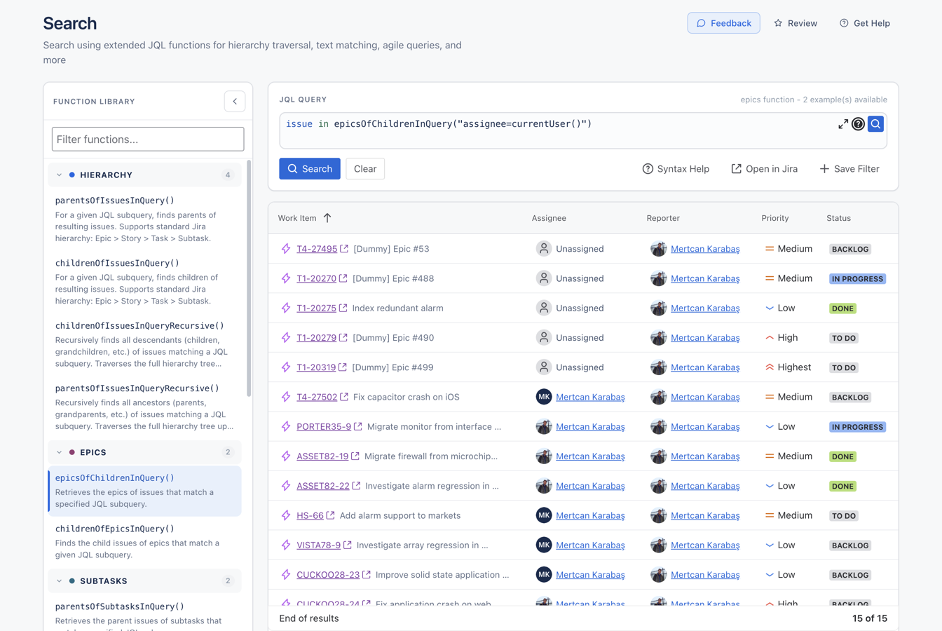 The advanced search page: a JQL editor with custom-function autocomplete and an infinite-scroll results table, plus one-click Open in Jira and Save Filter.