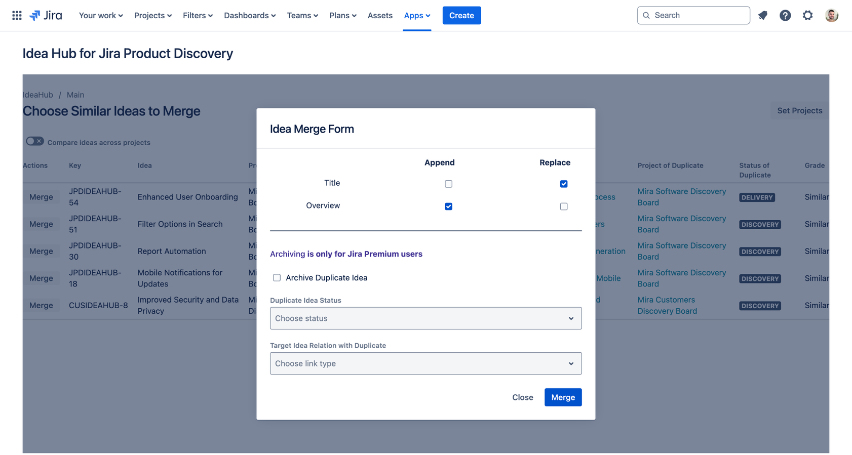 Merge, link, archive and set idea status in Idea Hub