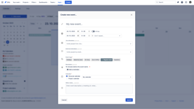 Creating a new event with various options. Event name, dates, participants, event type, notes, recurrence and reminders.
