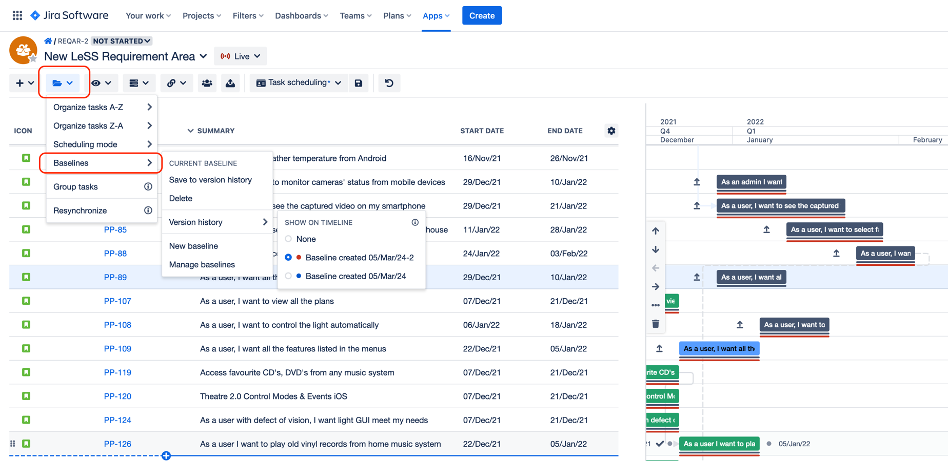 Track full history of planning changes with up to 20 baseline versions and compare current baseline with historical ones.