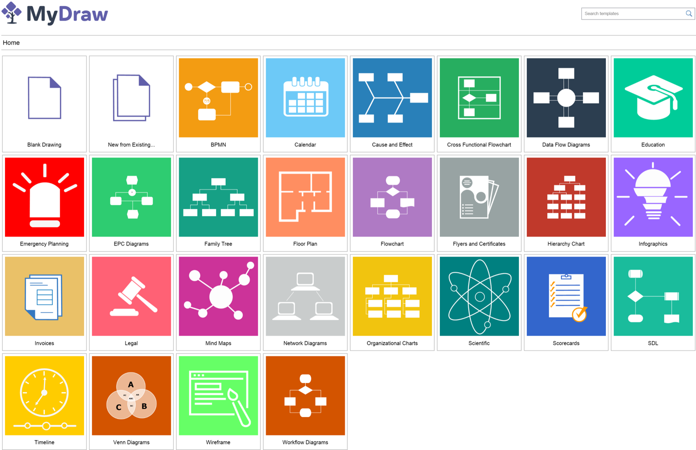 MyDraw home screen with drawing templates