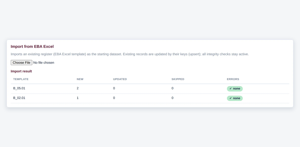Import your existing EBA Excel register: records are matched by their keys and updated in place, with a per-template result for new, updated and skipped rows.