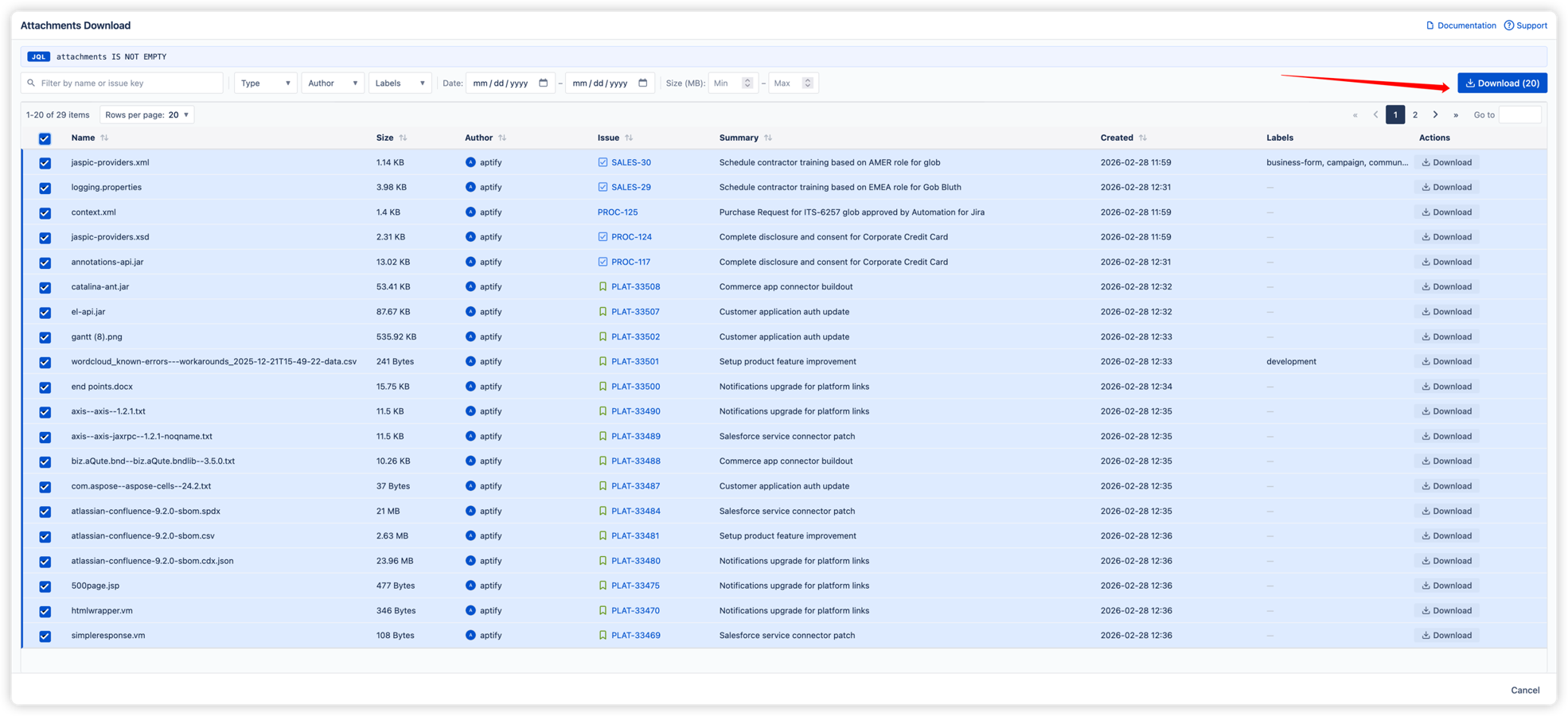 The main attachments table with search bar, advanced filters, sortable columns, per-row download actions, and batch selection for bulk ZIP download