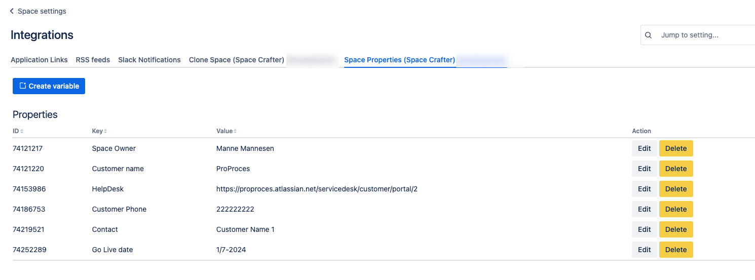 Your central hub for managing property variables within your space. These variables can be referenced using the space variables macro. Through the Space Properties tool panel, you can easily create, edit, and delete.