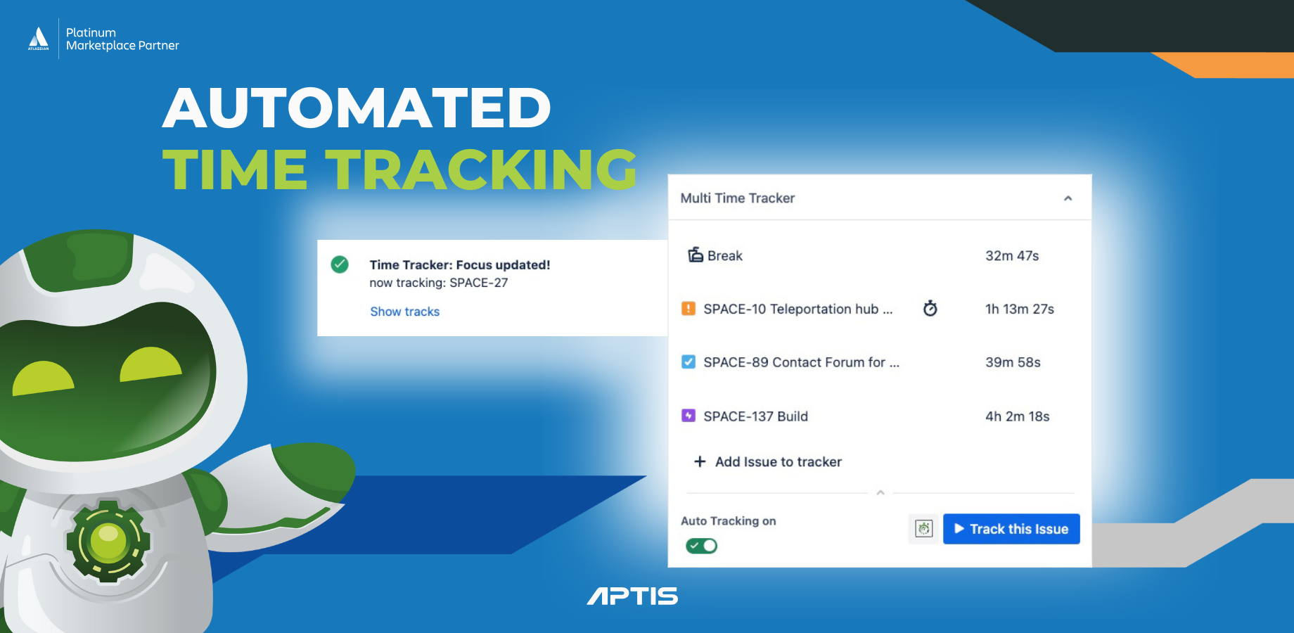 The Multi Time Tracker tracking panel on the right tracks your work, with a focus update notification appearing when you switch issues, confirming it’s now tracking the new issue.