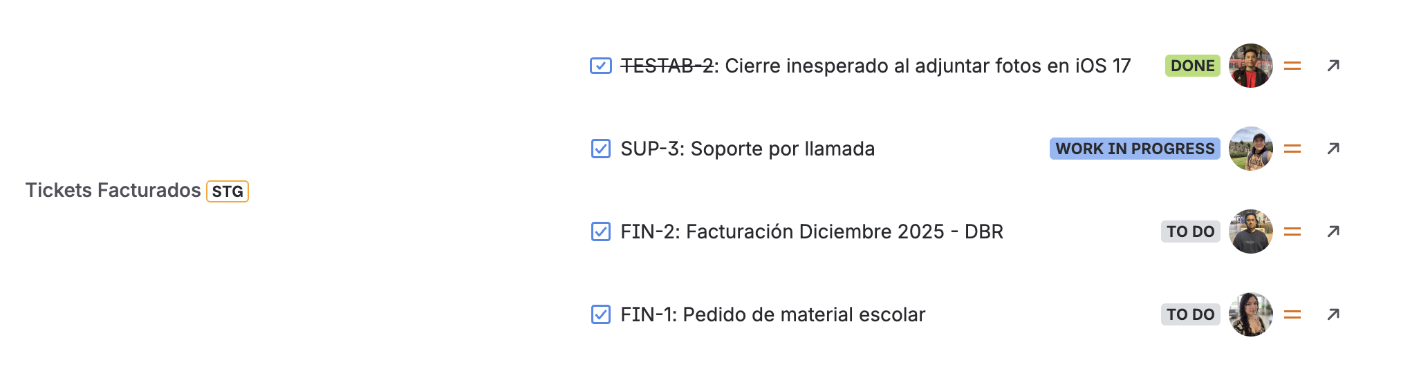 View Assignee, Status with category color, and Priority icon directly in the field. Resolved issues display with a strikethrough key for instant visual identification