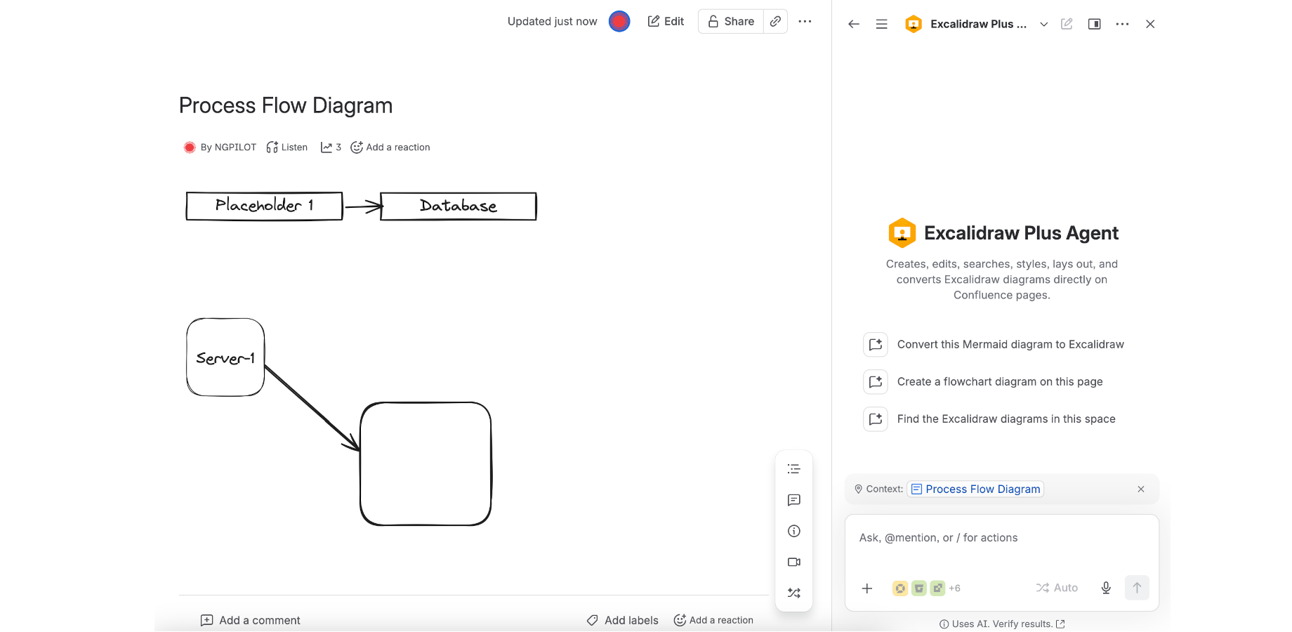 Create diagrams by describing them, edit shapes in plain language, and search a whole space — targeted by label, with safe deletes and version-checked writes.