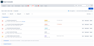 Risks tab: project and sprint risks scored by probability and impact, with AI-suggested risks ready to accept, plus mitigation strategies, owners, and linked actions.