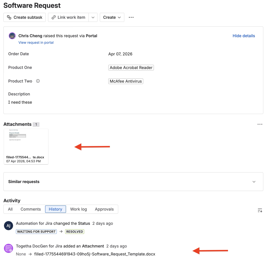 Generated documents are automatically attached to the Jira work item