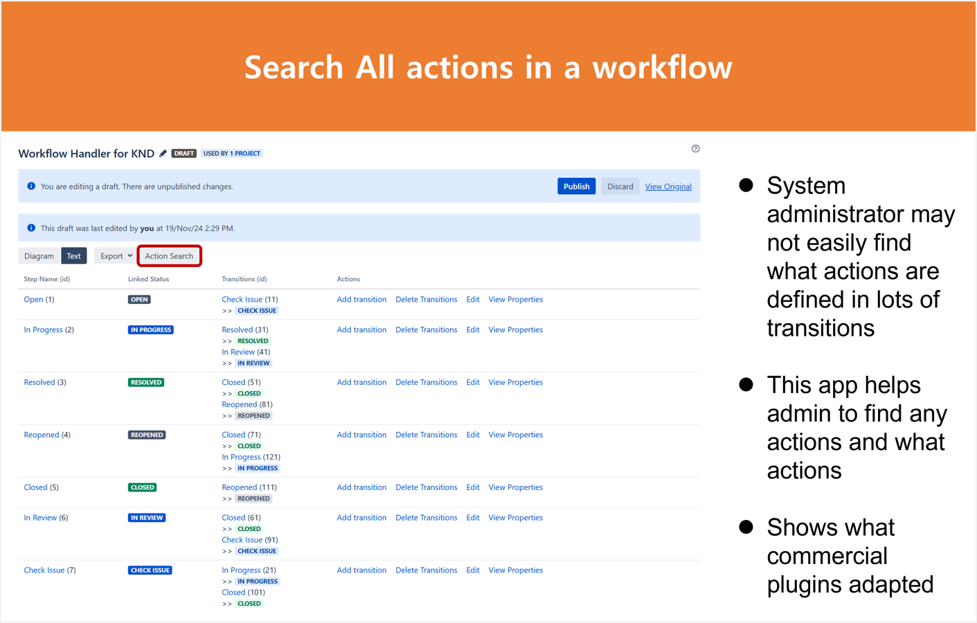 This app provides "Action Search" button to find all actions in a workflow.