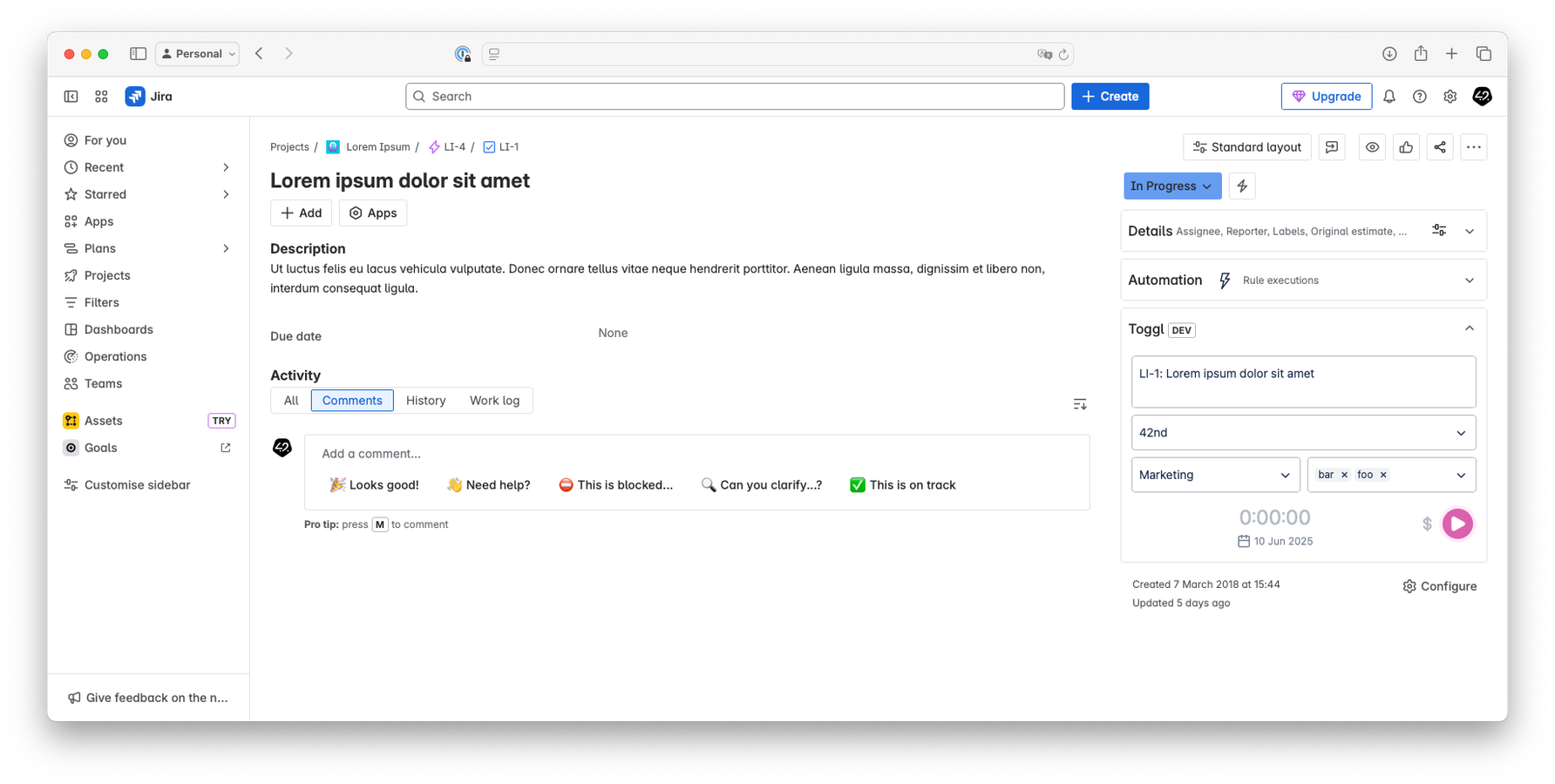 Toggl timer form as seen in the JIRA issue sidebar