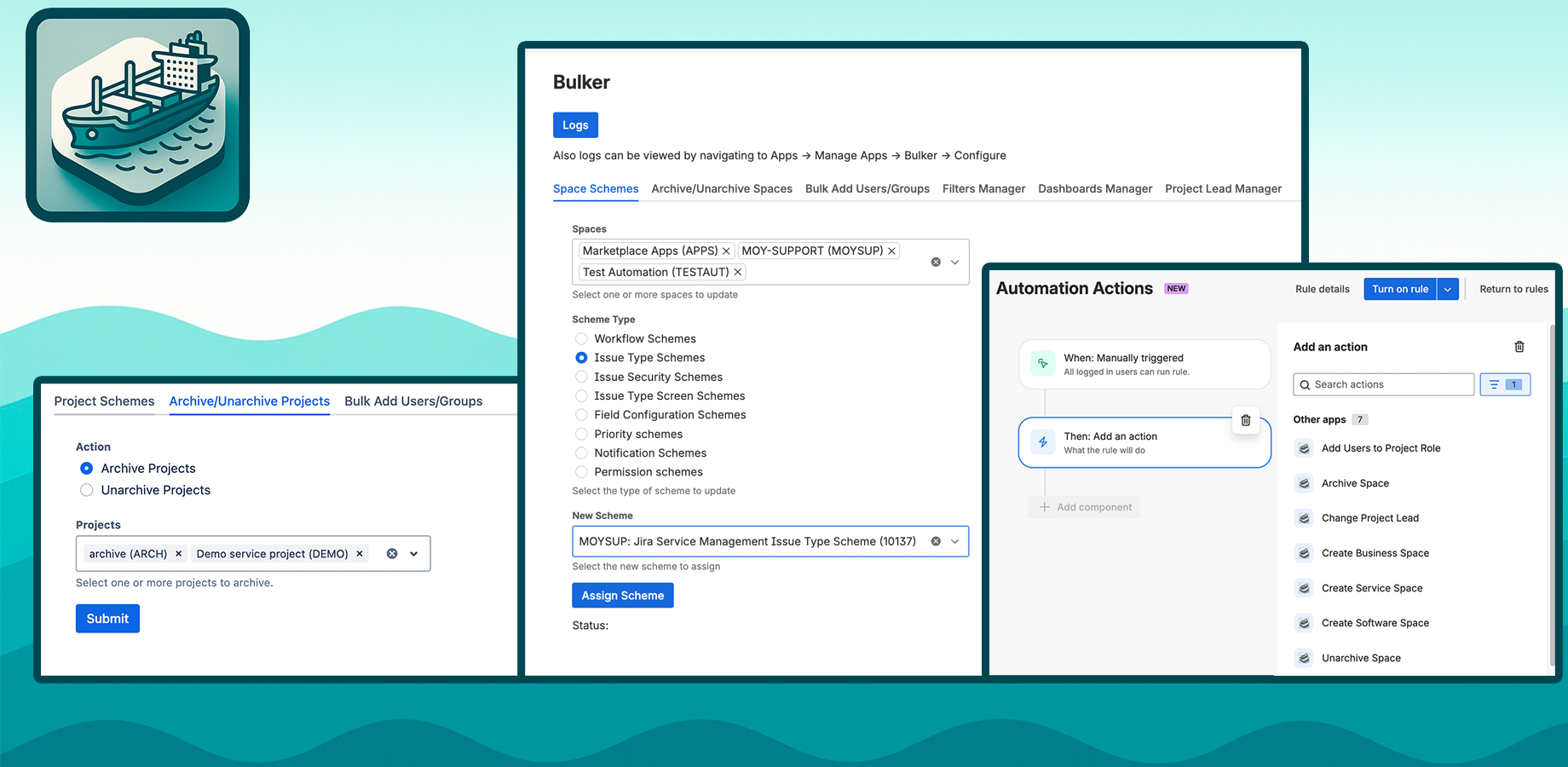 Assign and update Workflow, Issue Type, Security, Screen, Field Configuration, Priority, Notification, and Permission Schemes in bulk.