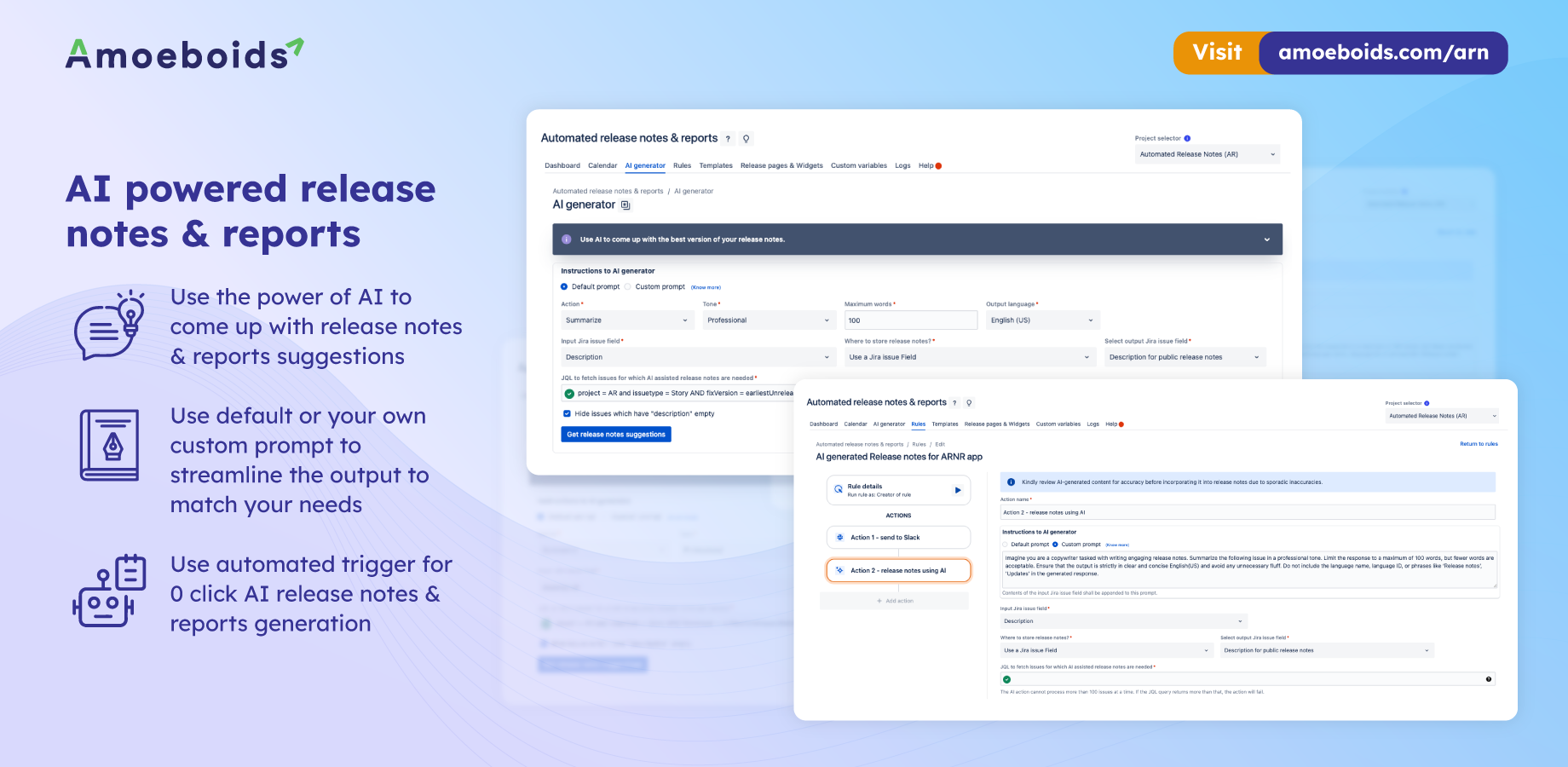 Use AI to auto-generate release notes & reports with custom or default prompts. Choose between full automation or guided suggestions to match your product voice and workflow.