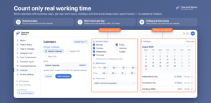 Time in Status excluding weekends and holidays: work calendars set business days, per-day hours, time zone and recurring holidays, and every report follows them. One calendar per team or region if you need it.
