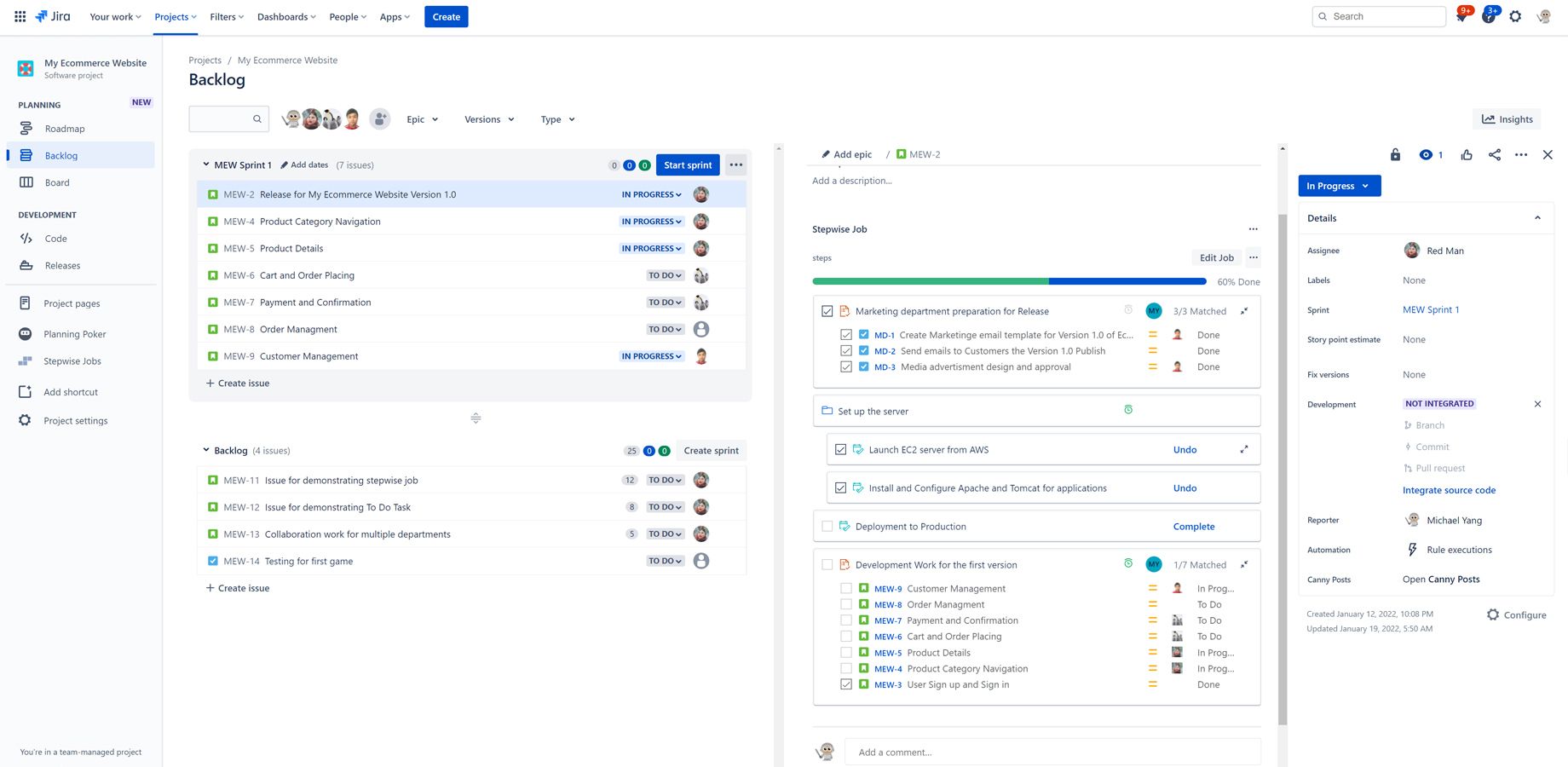 Create steps in Tree View to plan the work pieces required for completing a Job with Group, To do Task step and Issue Status Check step