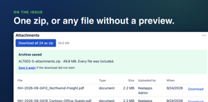 On the issue: every attachment in one zip, and any single file without the preview step. Free on every install.