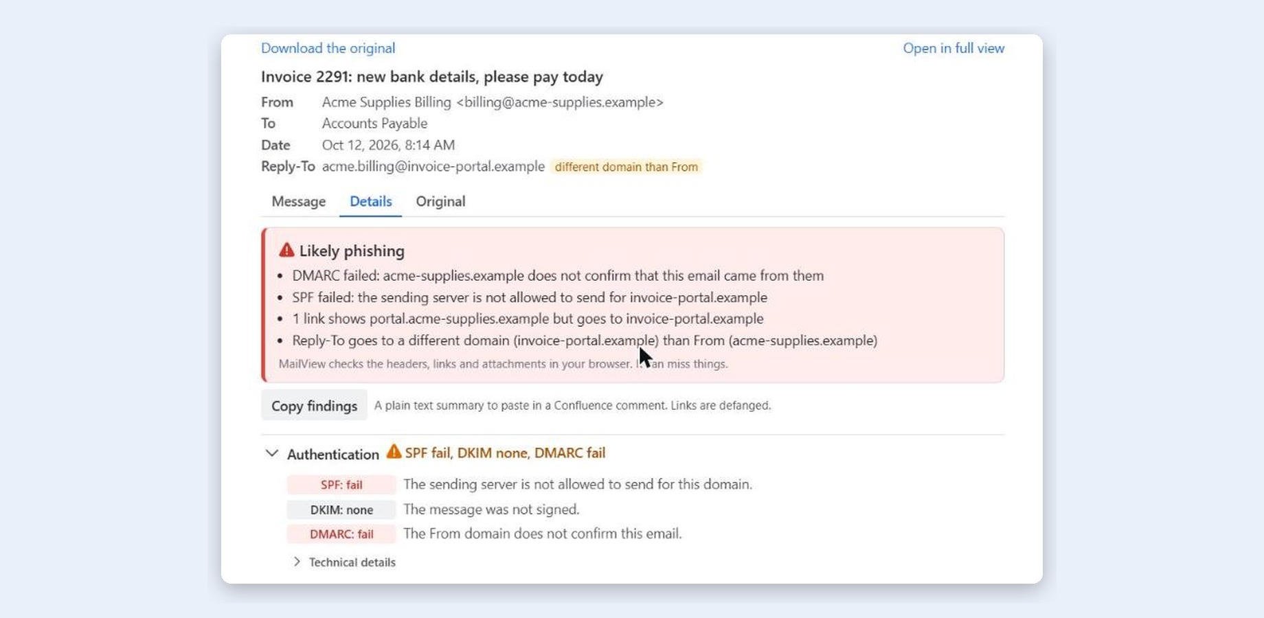 The Details tab: the verdict with its reasons, Copy findings, and the SPF, DKIM and DMARC results explained.