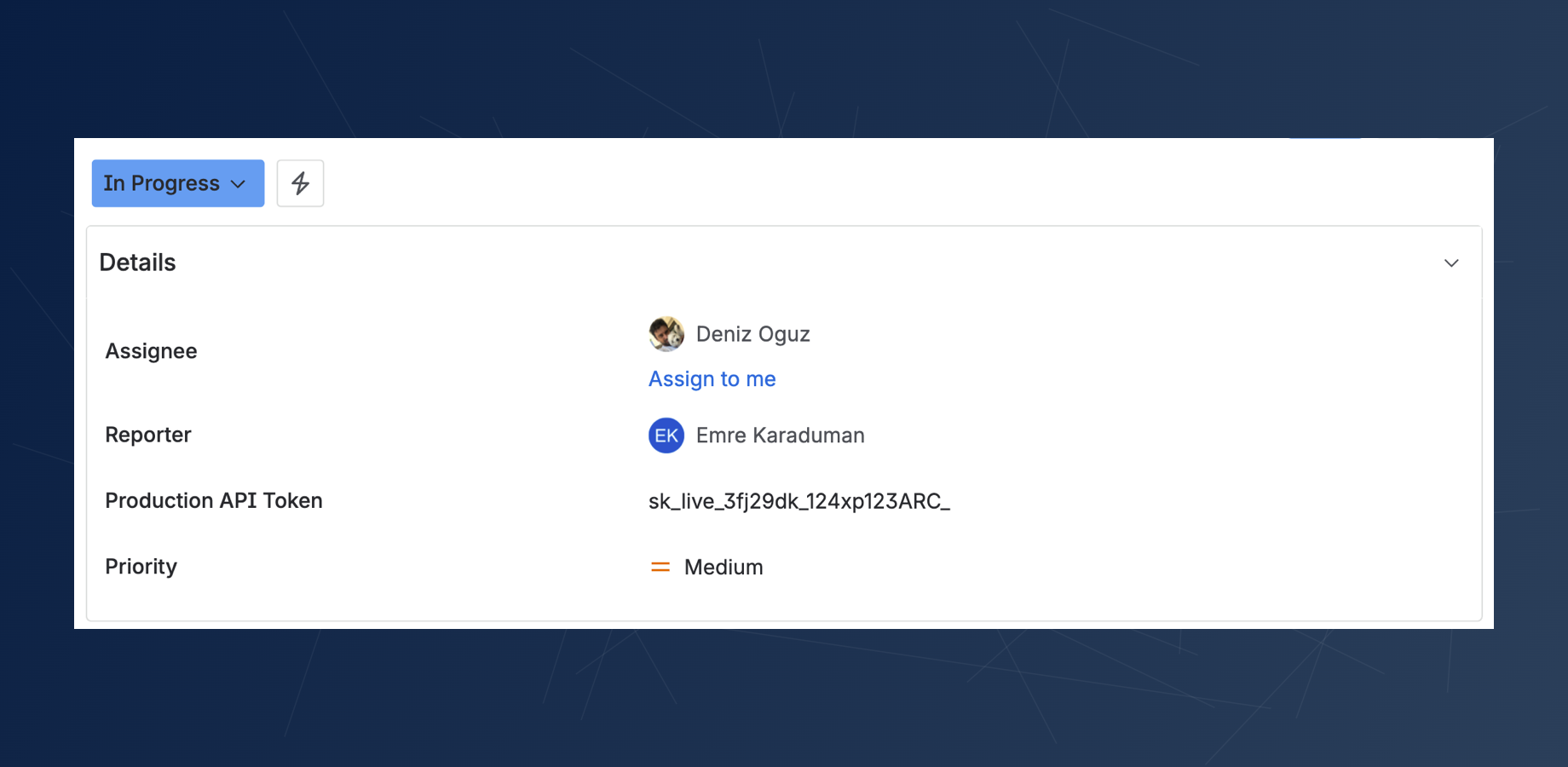An authorized user's view of a Jira issue, showing the secure custom field "Production API Token" with its sensitive value visible.