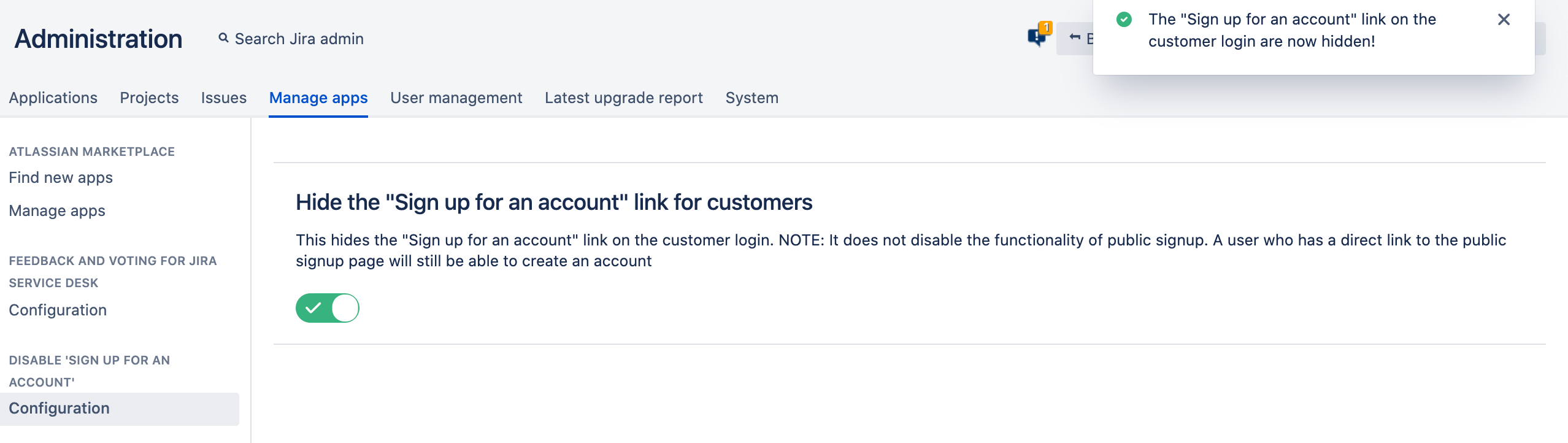 Configure Hide "Sign up for an account" JSM