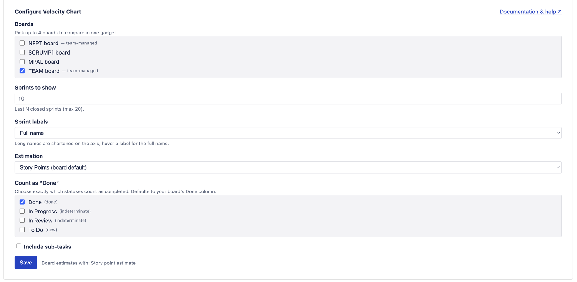 Gadget edit screen: map which statuses count as Done, then choose the estimation field and sub-task handling.