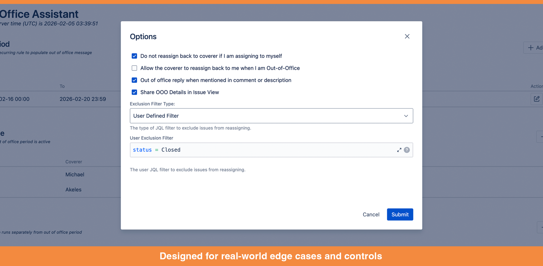 You can use the Exclusion Filter Type if there is no need for an OOO message when someone commented on a closed task