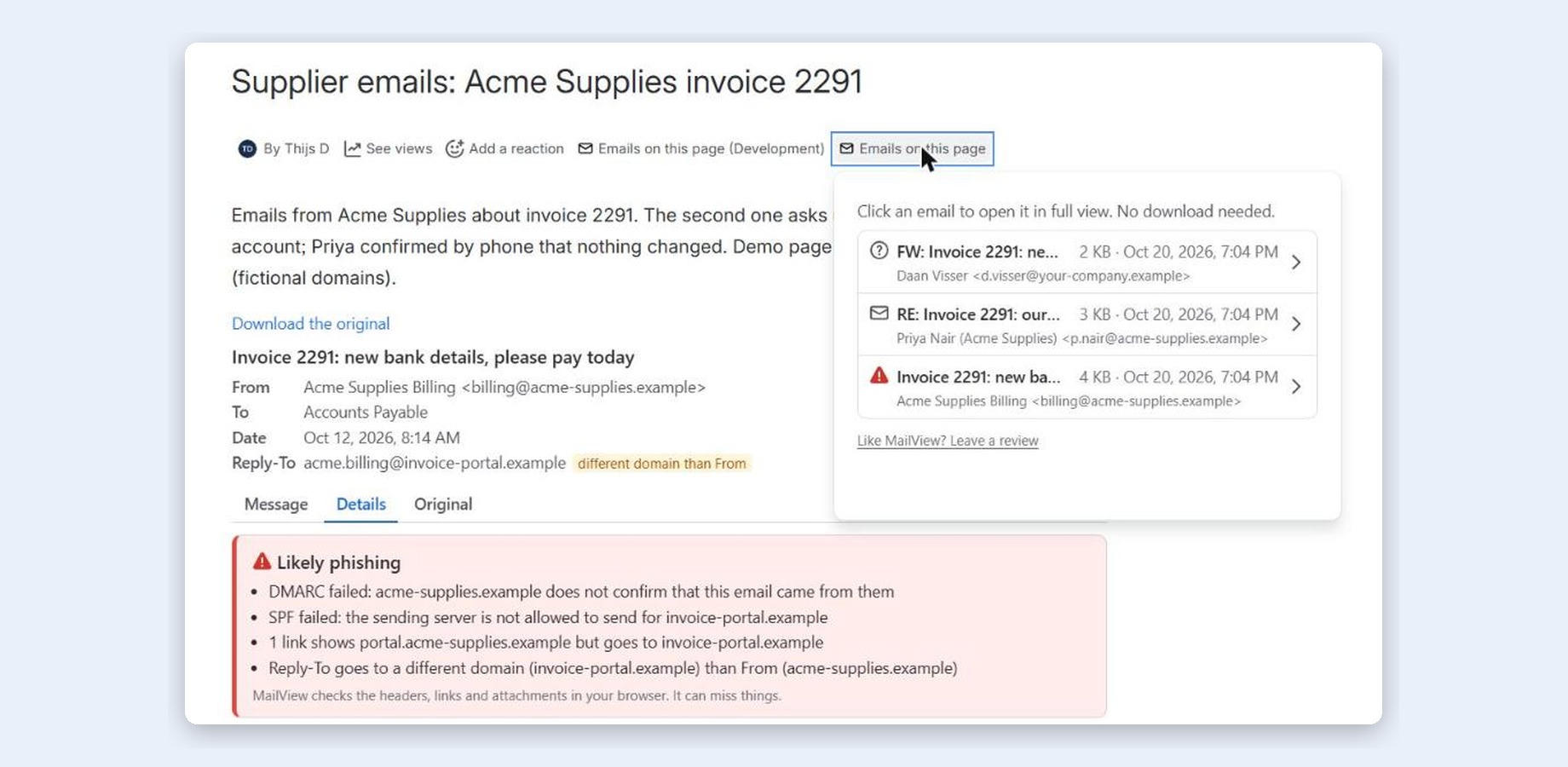 Emails on this page: three emails about one invoice, one marked as suspicious.
