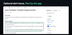 The issue the daily check created in the project chosen for alerts. It names the template, lists what stopped working and in which project, and says where to fix it. The app creates it as itself.