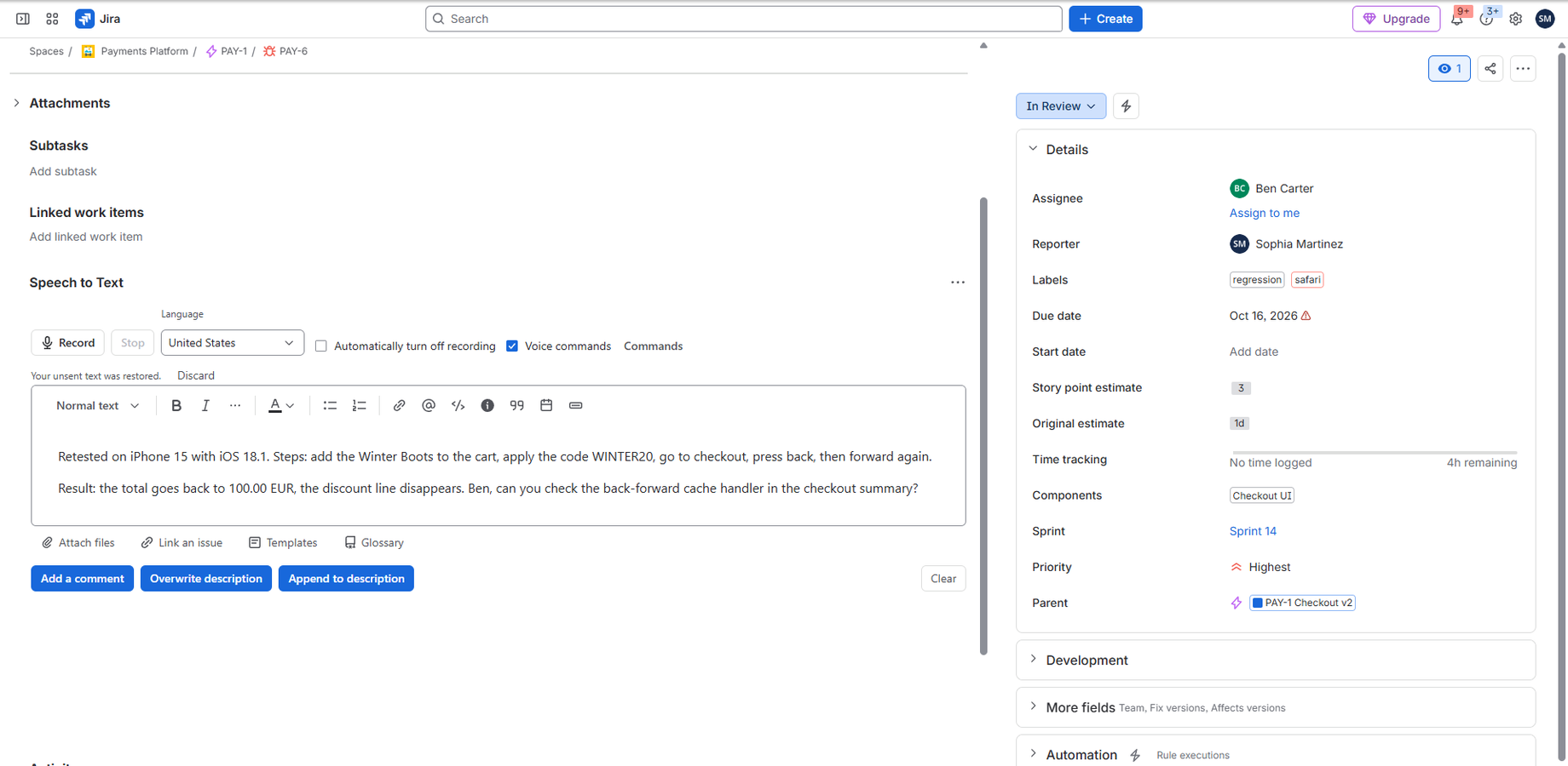Dictate a comment, edit it, and post it — with your own Jira permissions.