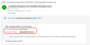 On comment resolved event there is a standard-like e-mail notification sent to related users.