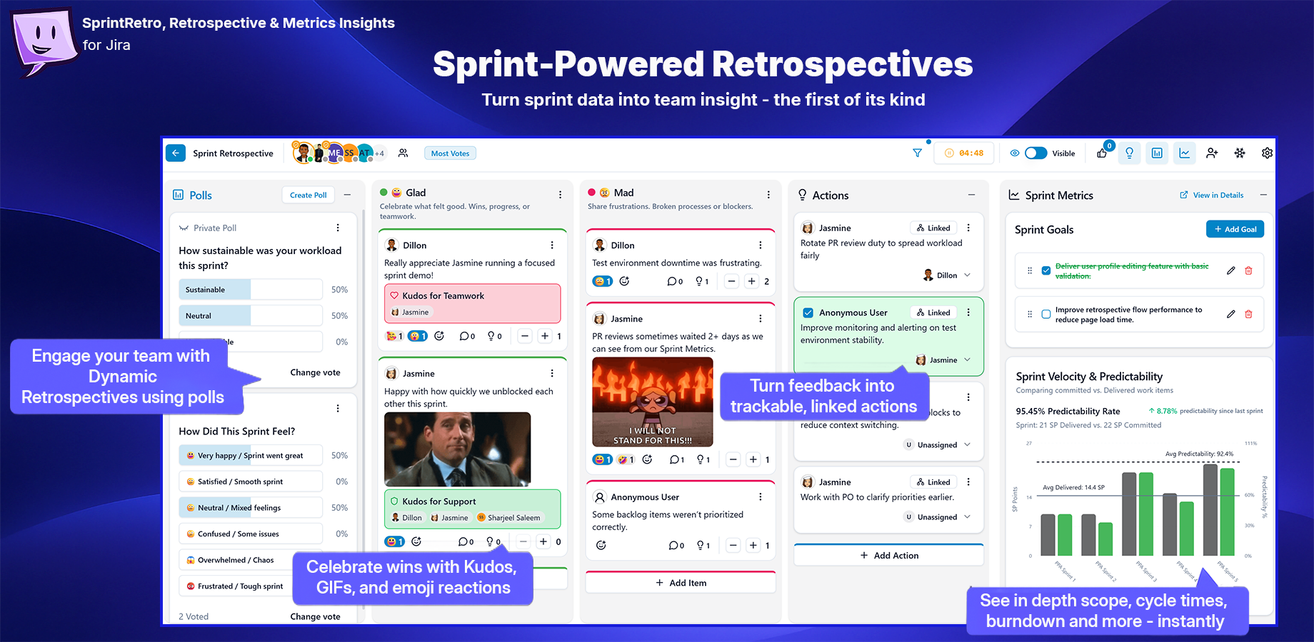 Polls, kudos, actions, and real Jira metrics - finally all in one board.