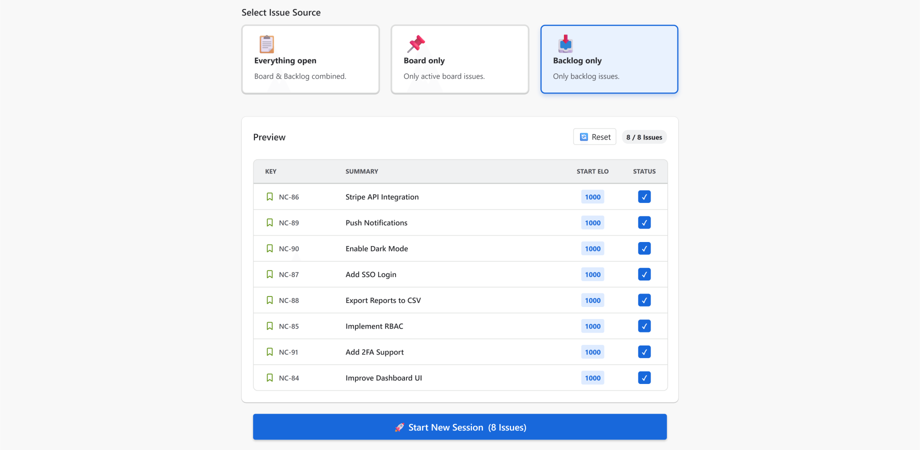 Select issues from your Jira board or backlog to instantly start a new comparative judgment session.