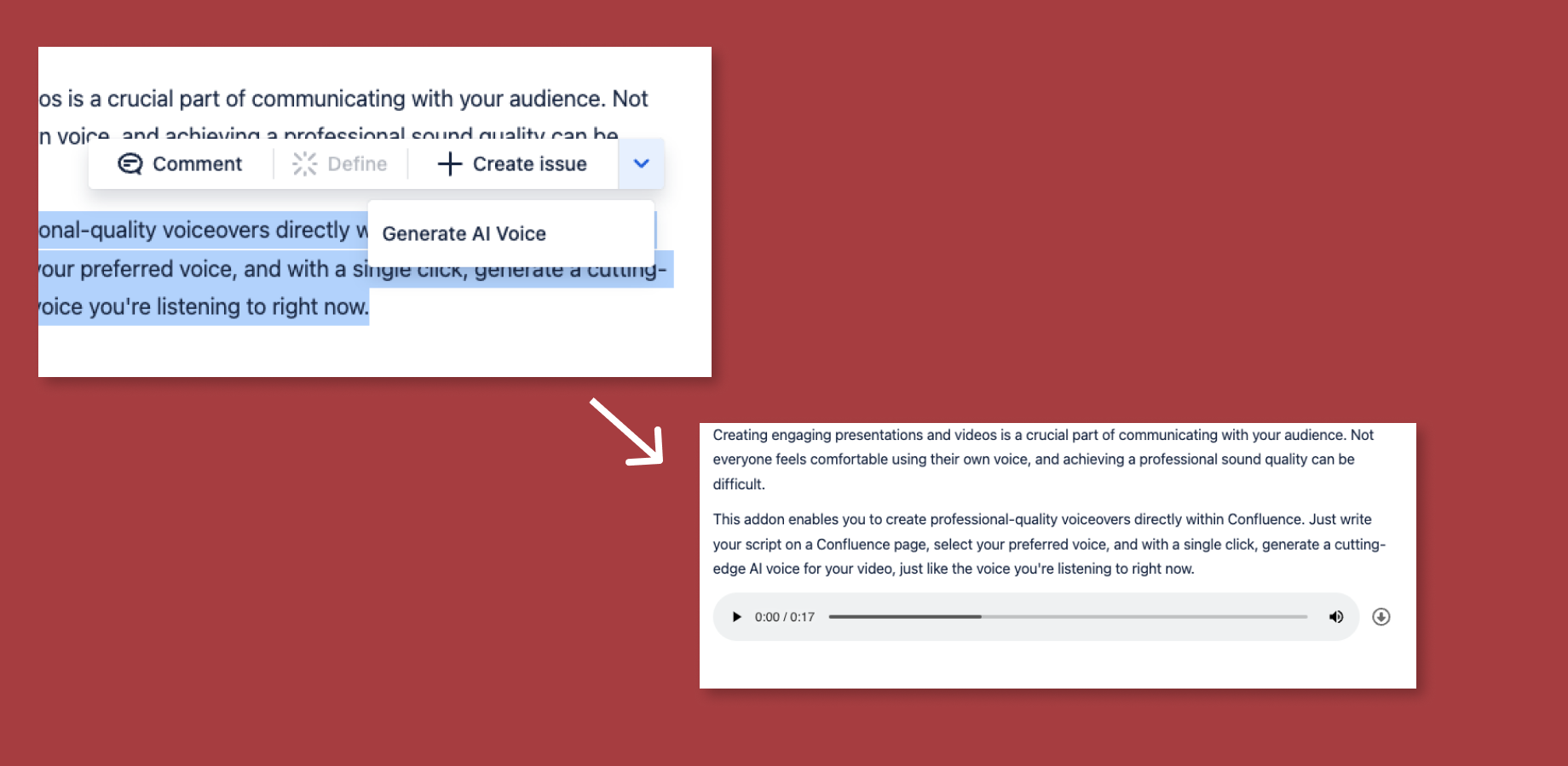 Select specific text to generate focused voiceovers, tailoring narration to your content's needs.