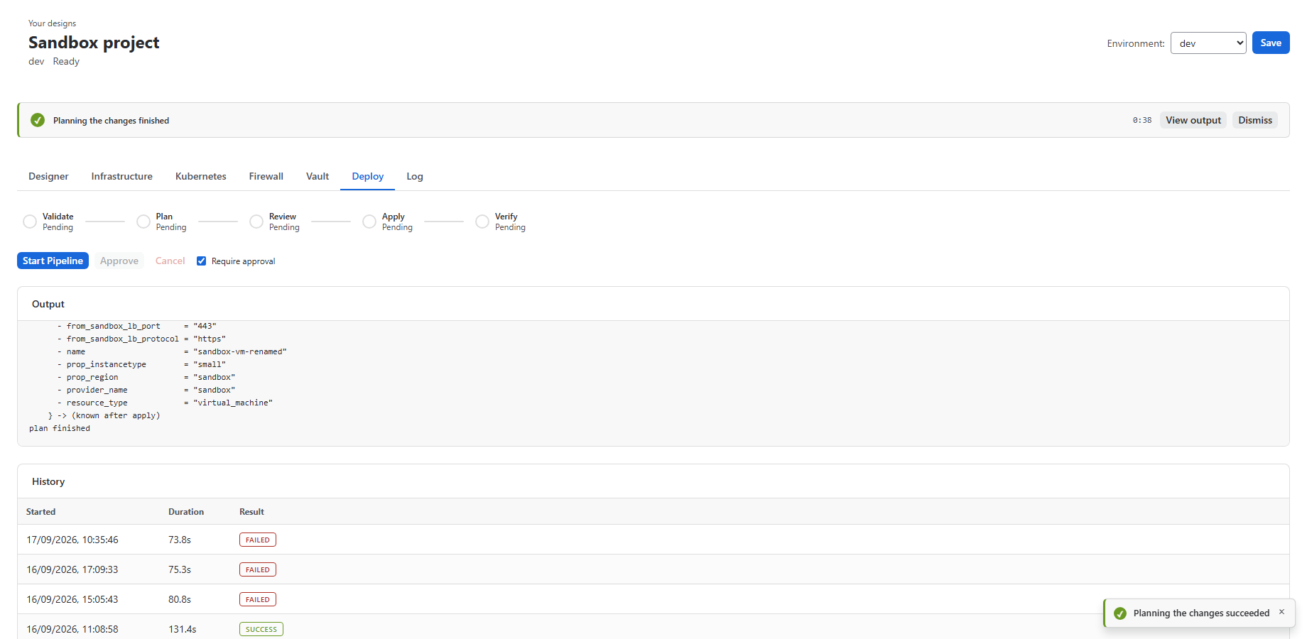 The Deploy tab: the pipeline, the approval gate and the plan output.