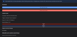 Latest scan reports explicit exposure categories and affected work items for review