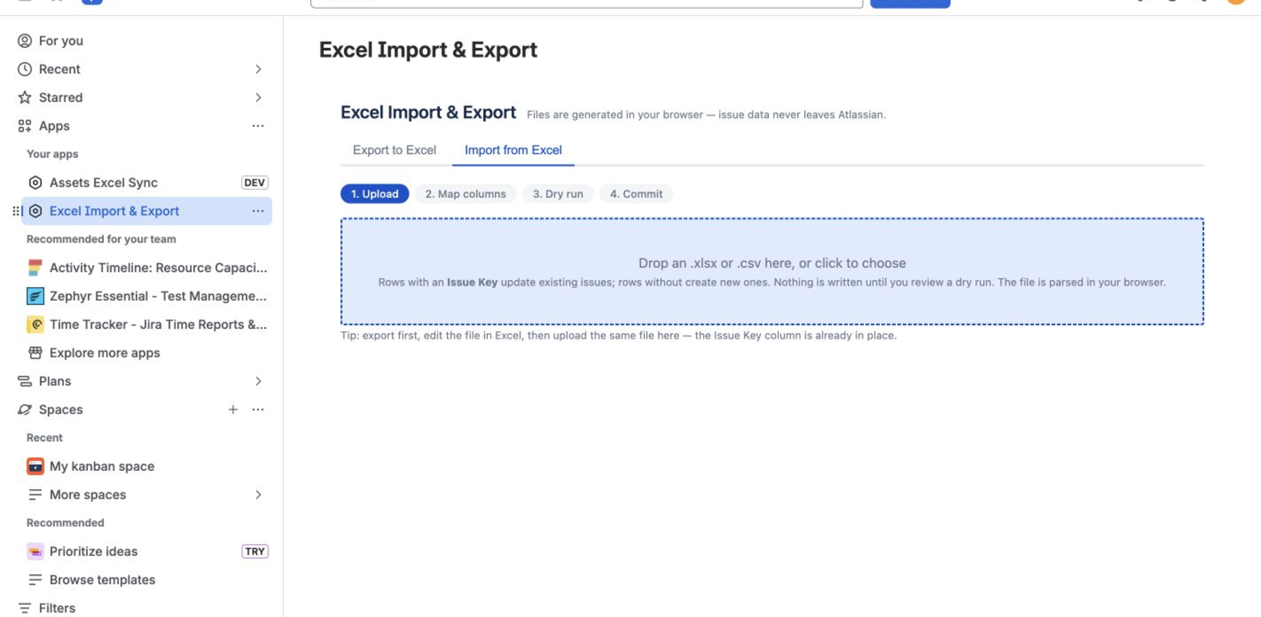 The upload, column mapping, dry-run validation, and commit workflow for a spreadsheet import.