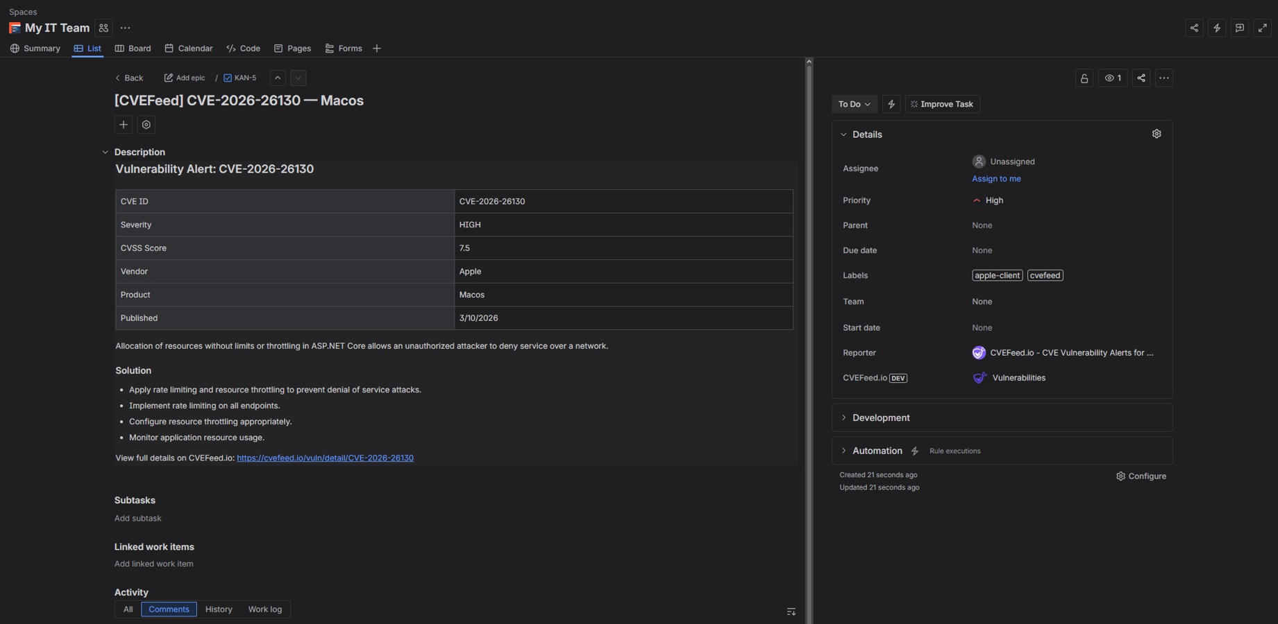 cvefeed.io cve issue to jira