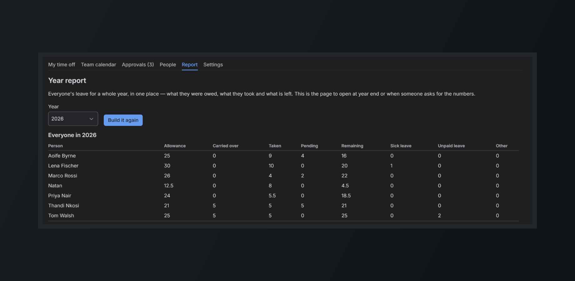 The year report: one row per person, with a column for each leave type that has a yearly cap.
