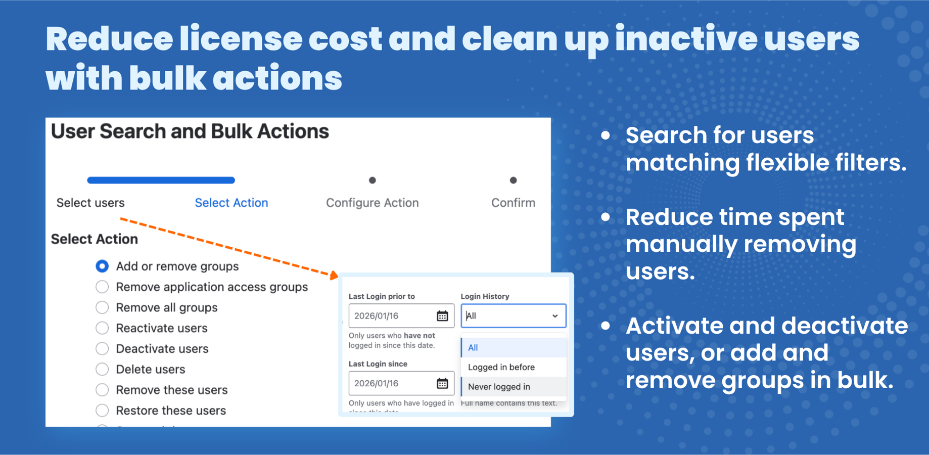 A bulk action configured to remove groups based on last login date