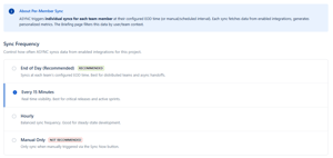 Choose sync frequency: automatic EOD, every 15 minutes, hourly, or manual-only. Sync history shows status, duration and trigger for every run