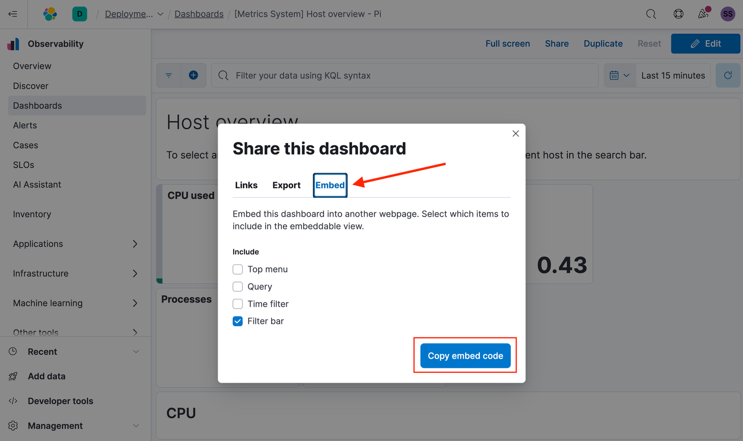 Just copy and paste Kibana Embed Code