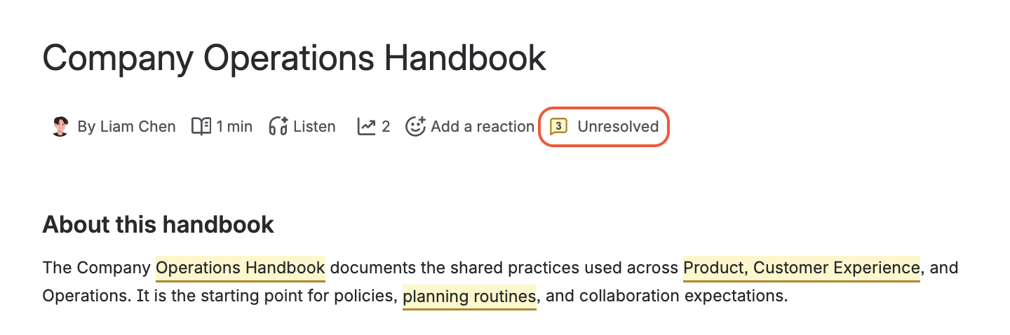 The byline of a handbook page showing 3 unresolved inline comments. Space admins turn the indicator on per space.