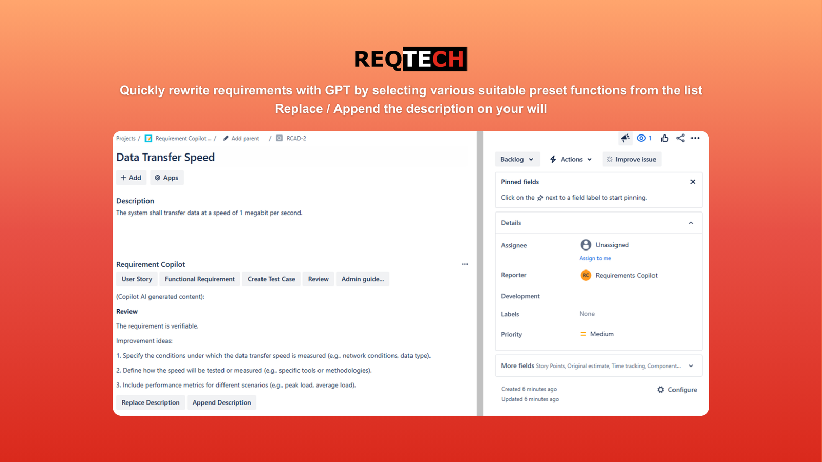 Requirement Copilot in action: Rewrite, Analyze, Enhance, just with the press of a button.