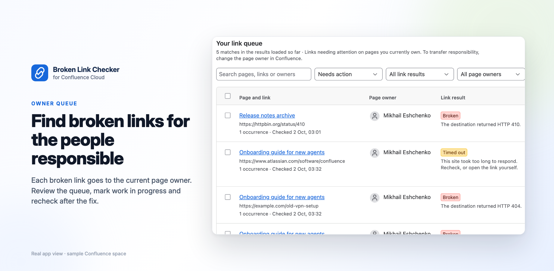 The owner queue shows link availability separately from work state, with search, filters and CSV export. Shown with disposable demonstration pages.
