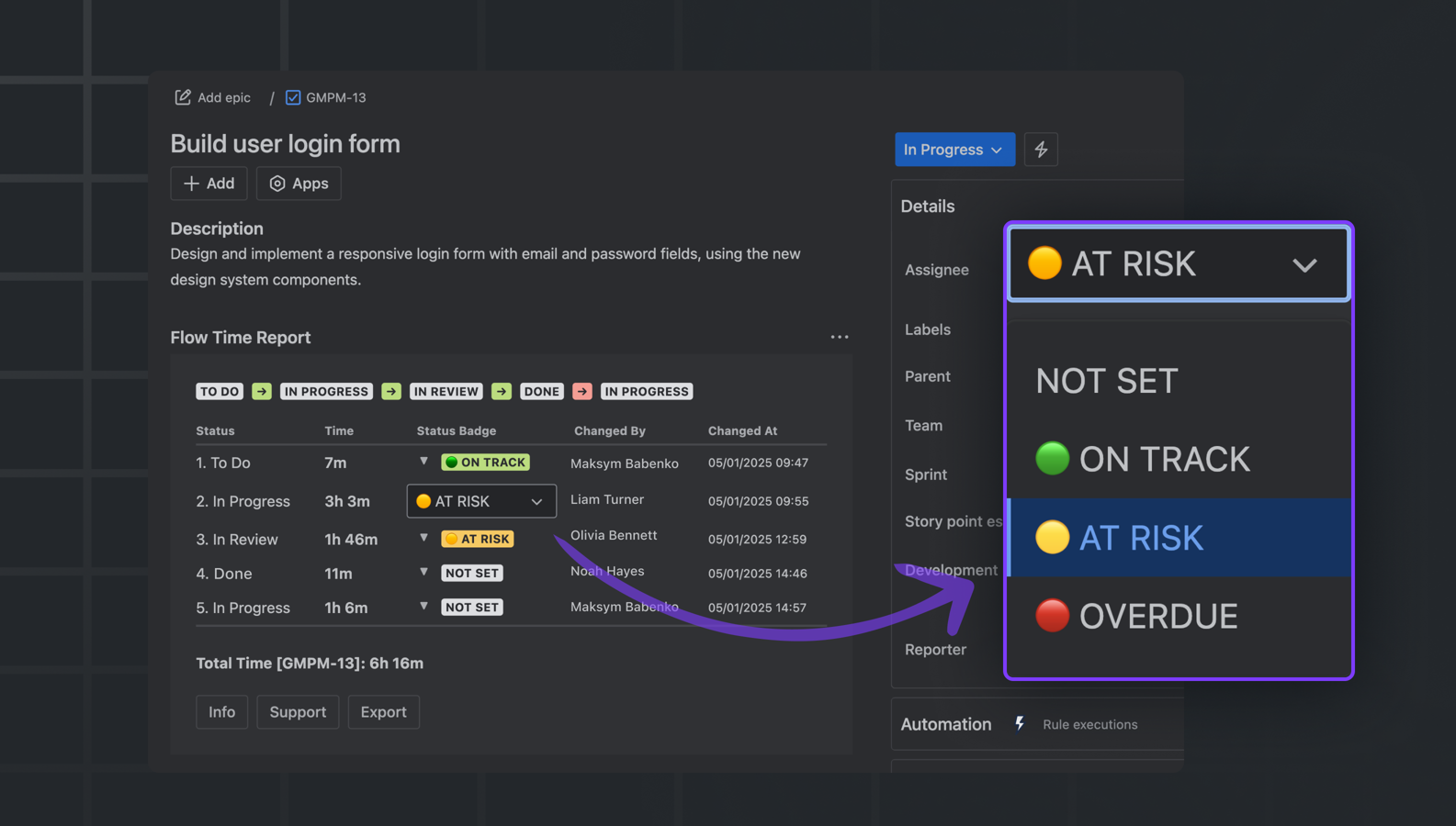 Visualize and assign status health badges directly inside a Jira issue based on time in status.