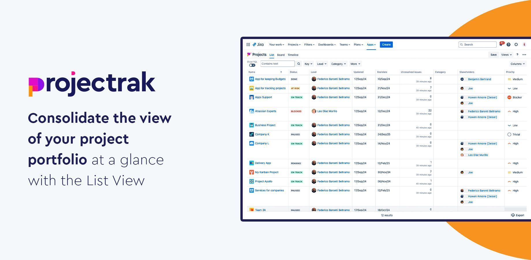 The List view from the Project Navigator consolidates your project portfolio management visualization at a simple glance, allowing project-level edits in place