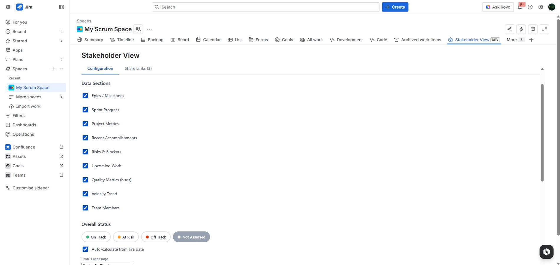 Configuration panel inside Jira — choose exactly which project data to share with stakeholders
