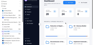 Dashboard of WBS projects with active counts, recently opened cards, node counts, and progress.